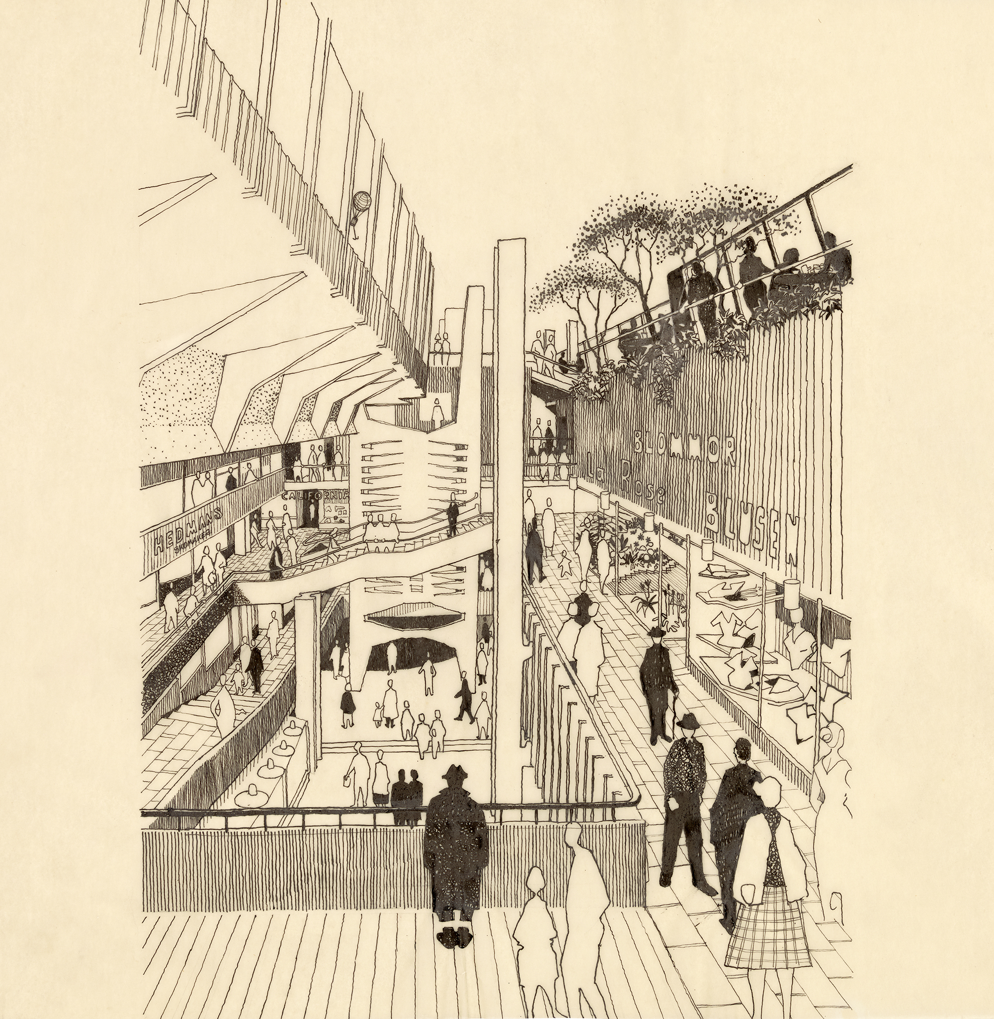 'Skiss över ljusgården inne i Shopping galleria i Luleå. Illustrationen är gjord av Ralph Erskine.'