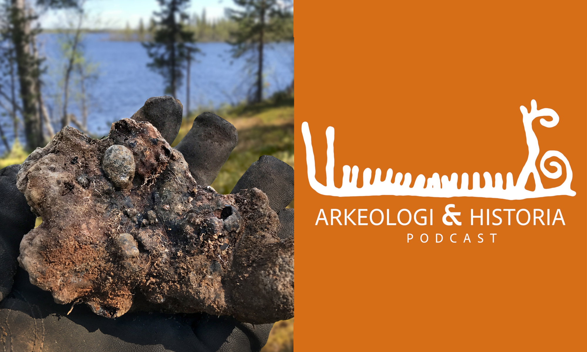 Hand som håller i en järnklump, samt logotypen "Arkeologi & Historia".